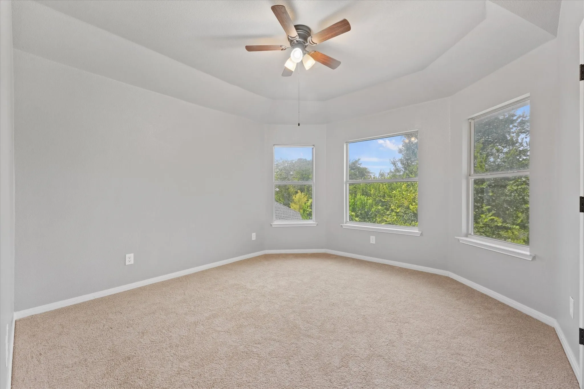 Tray ceiling with a ceiling fan light fixture, expansive carpeting, and multiple windows