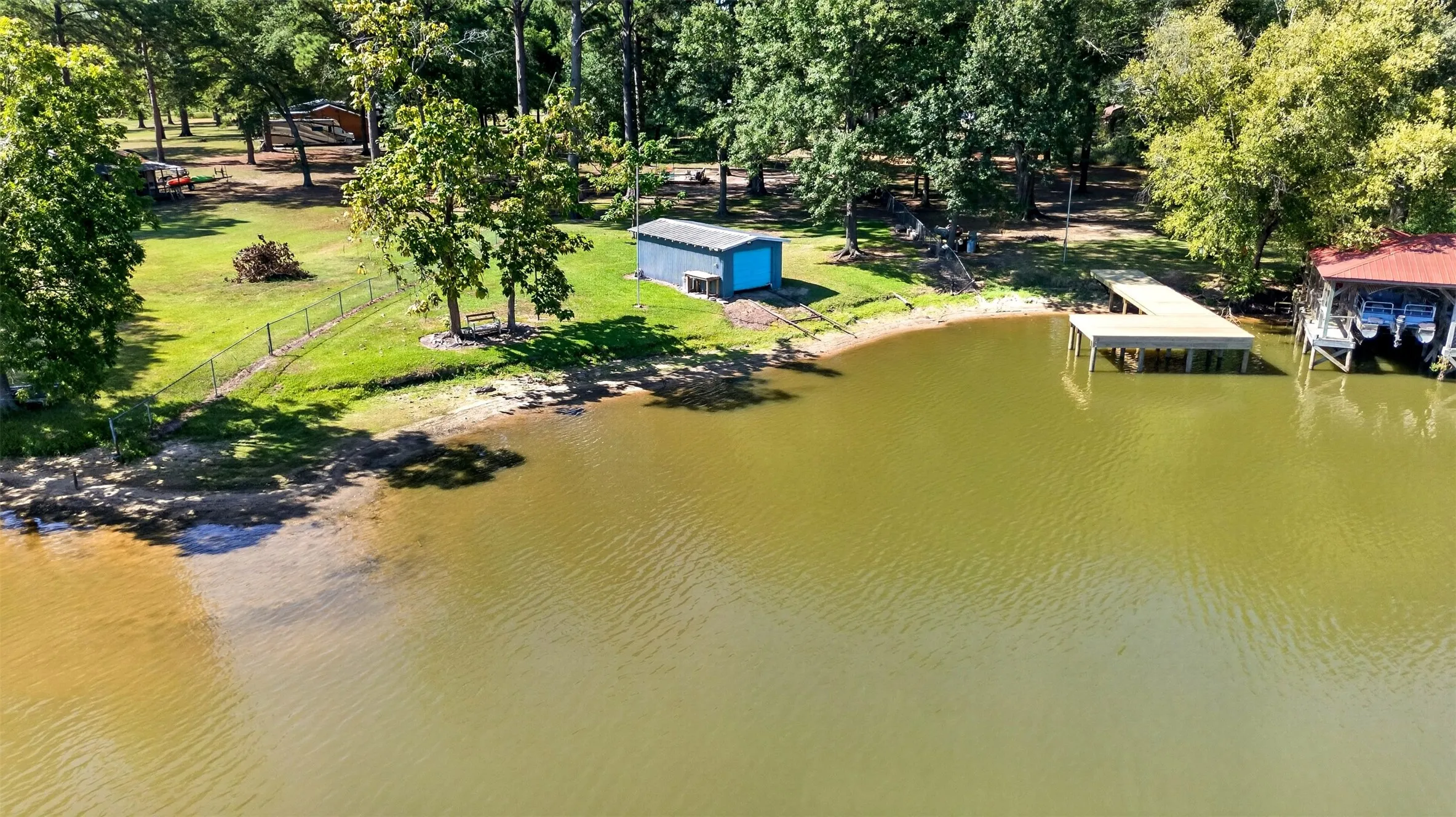 Waterfront beach with onland boat house