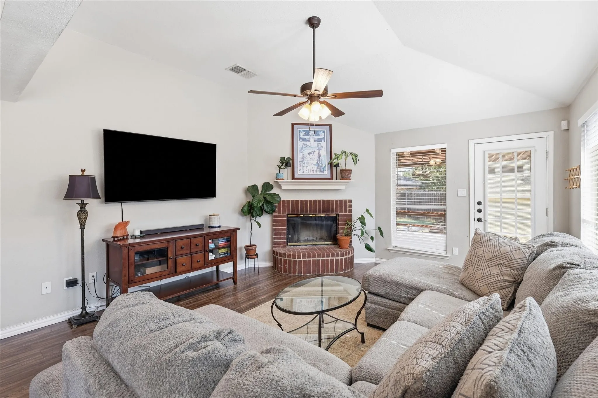 Bright living room with raised ceiling.
