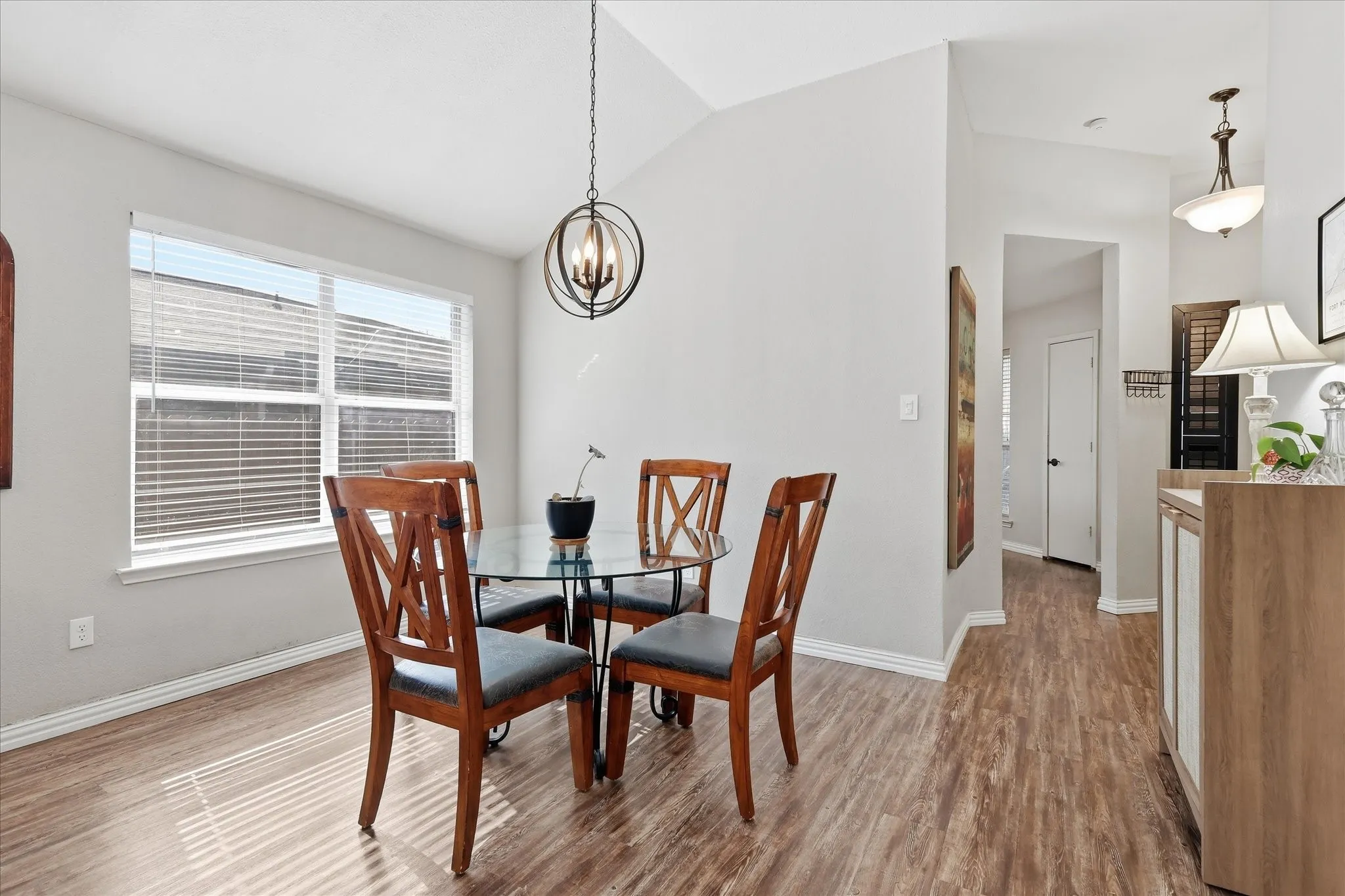 Dining area with chandelier.