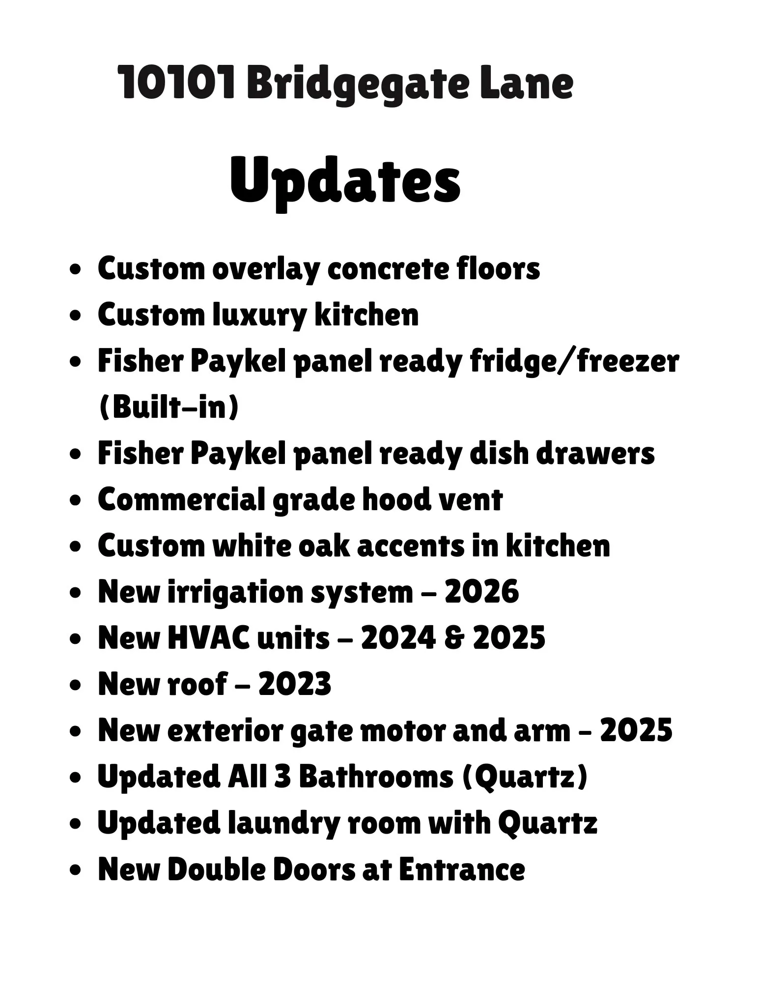 Property Update List. Detailing recent modifications and installations at the property