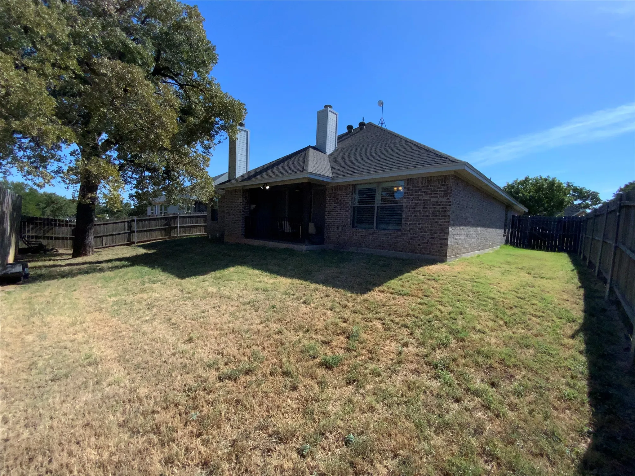 Expansive backyard featuring a mature tree, wood privacy fence, brick exterior, covered patio with recessed lighting, and a composite shingle roof