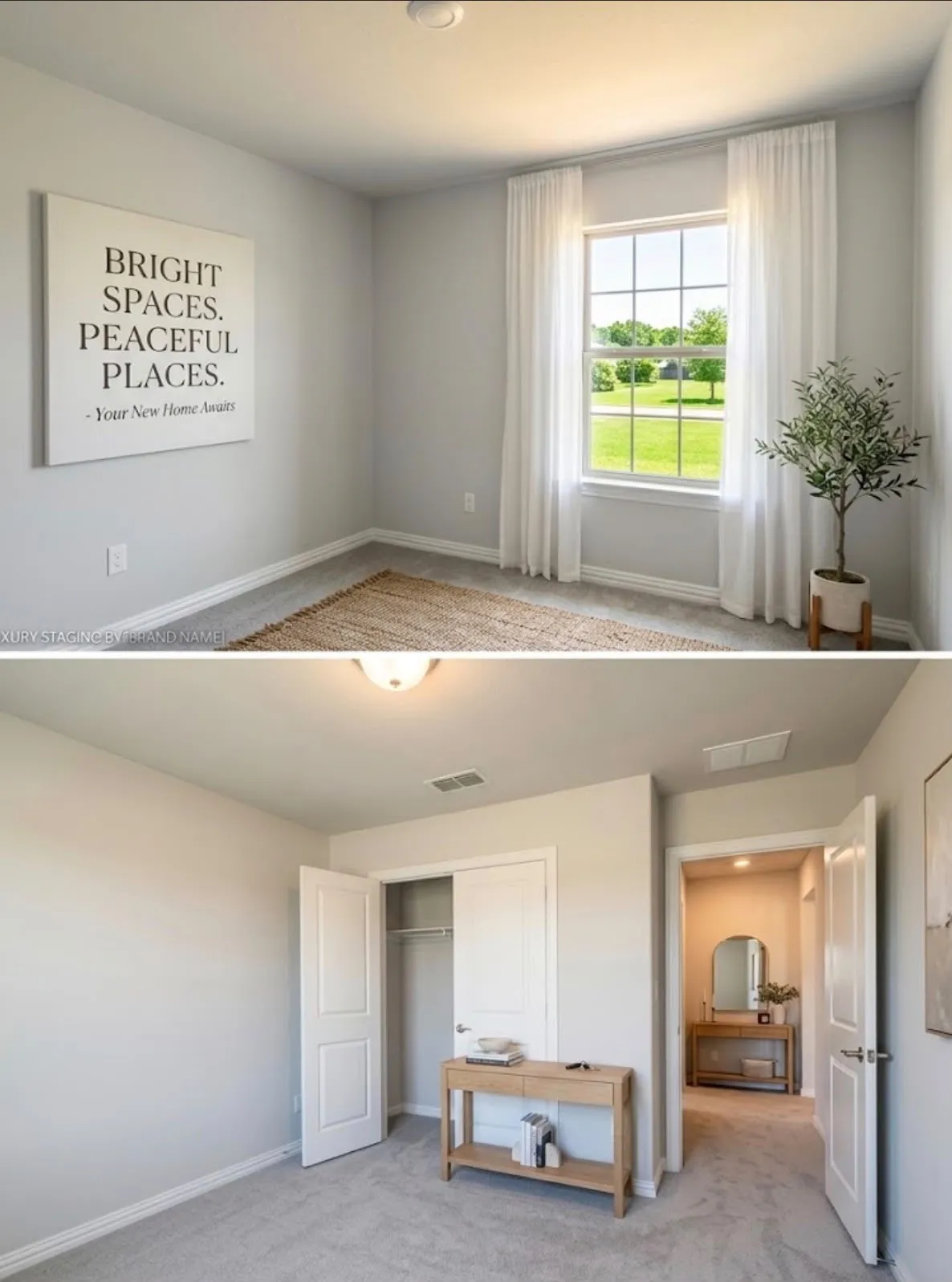Window with white curtains, neutral wall paint, carpet flooring, and a built-in closet with bi-fold doors