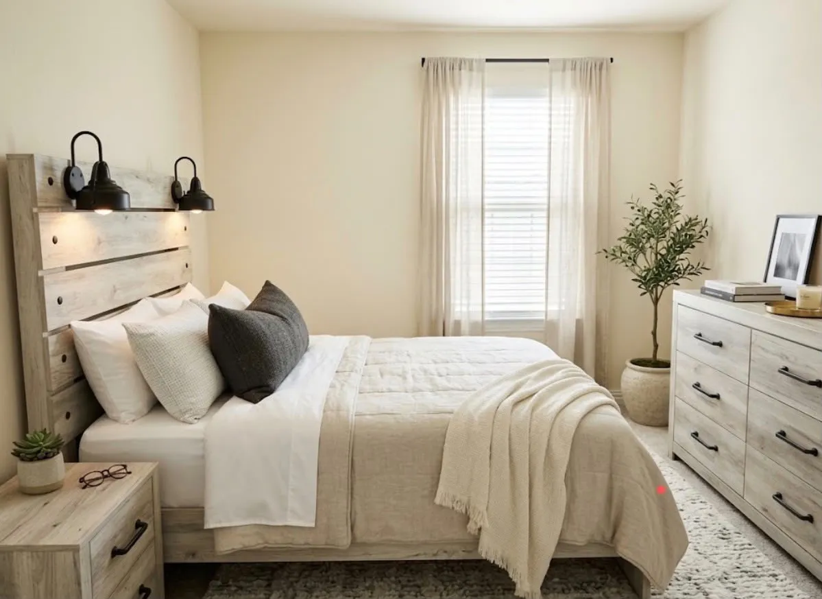 Window with blinds and sheer curtains, light-colored walls, wood-finish flooring, and a built-in headboard with attached sconces