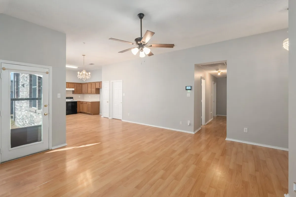 The hallway to the bedrooms is just off the living area