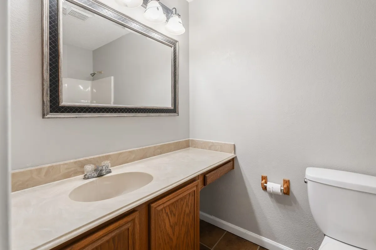 Primary bathroom vanity and large mirror
