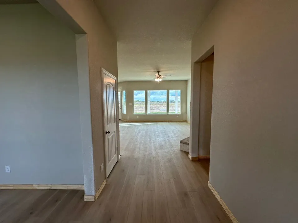 Wood-finish flooring throughout, light neutral wall paint, and a white paneled interior door