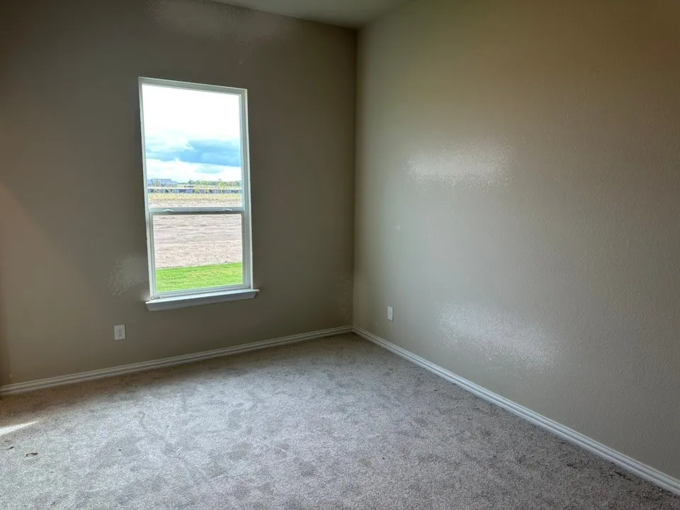 Neutral wall finishes, single-pane window, and light-toned carpet