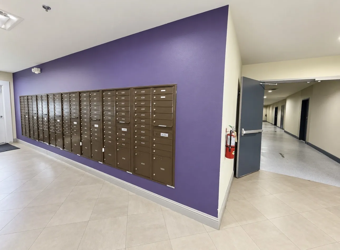 Mailbox bank with individual compartments, set against a vibrant accent wall