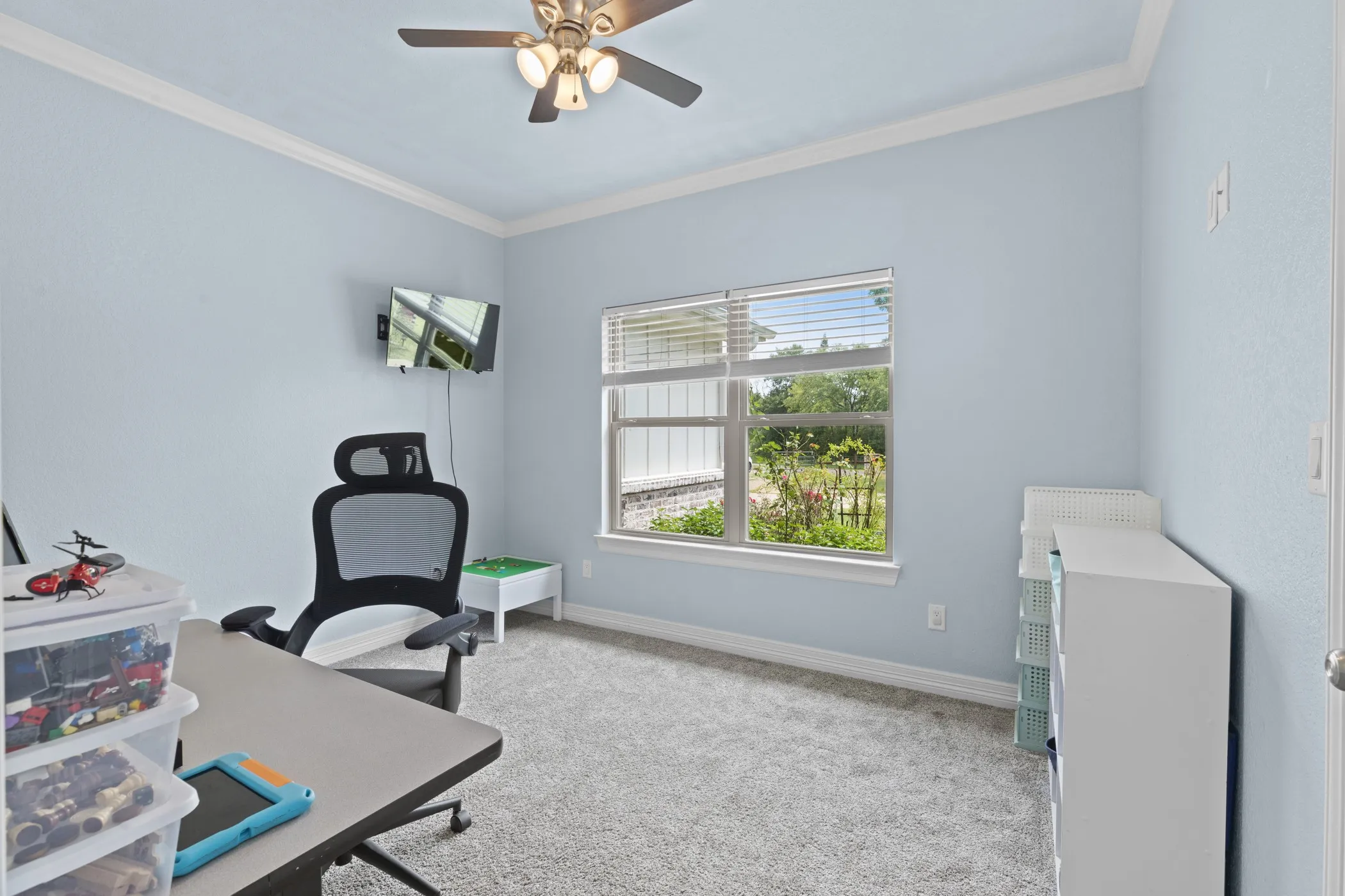 Ceiling fan with integrated lighting, crown molding, double-pane window, horizontal blinds, and carpeted flooring