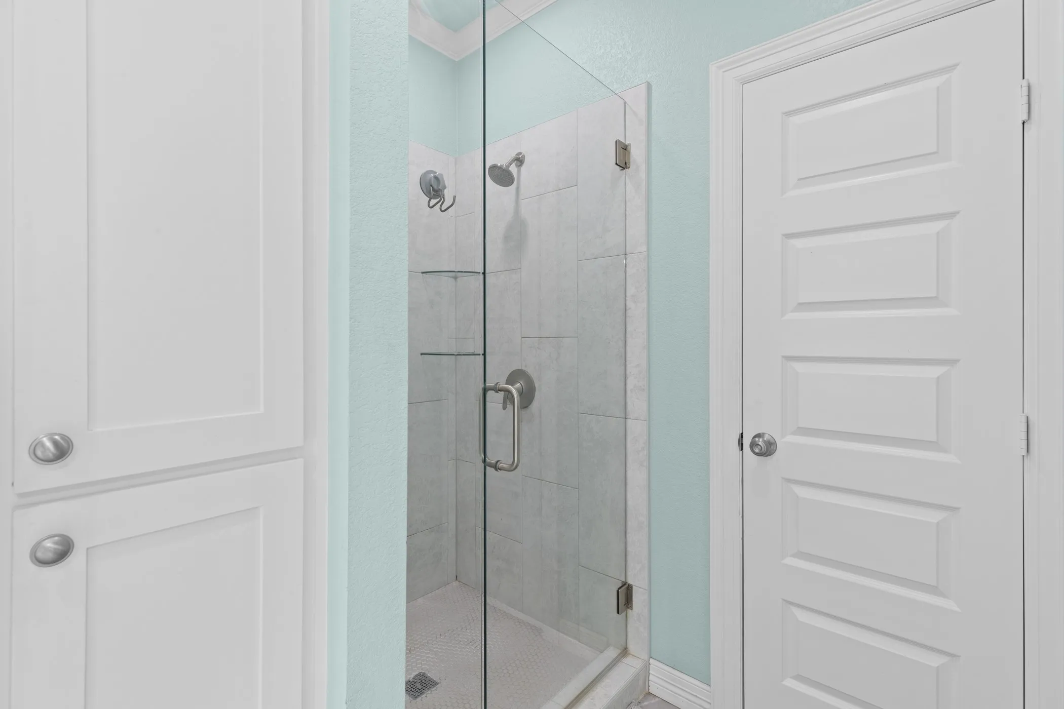 Frameless glass shower enclosure with a tiled interior, recessed shelving, and a rain shower head