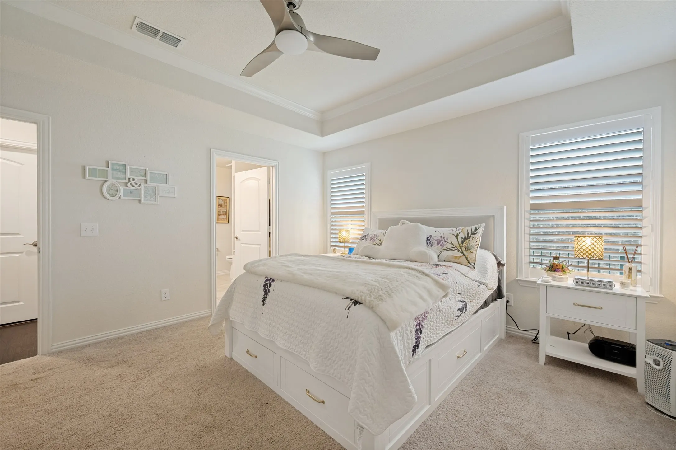Tray ceiling with crown molding, ceiling fan, two windows with louvered shutters, carpeted flooring, and two white interior doors
