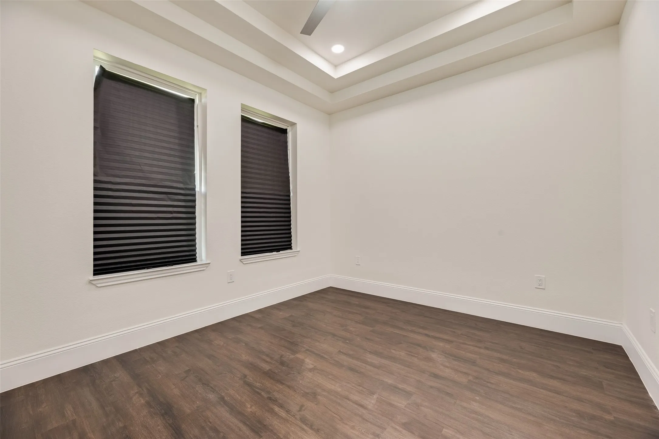 Tray ceiling with recessed lighting, wood-finish flooring, and dual windows with privacy blinds