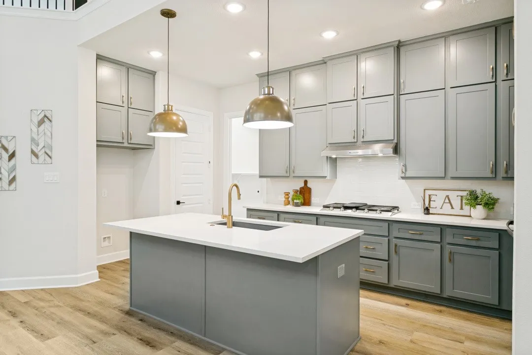 Kitchen featuring a central island with a sink and gold-tone faucet, complemented by two dome pendant lights