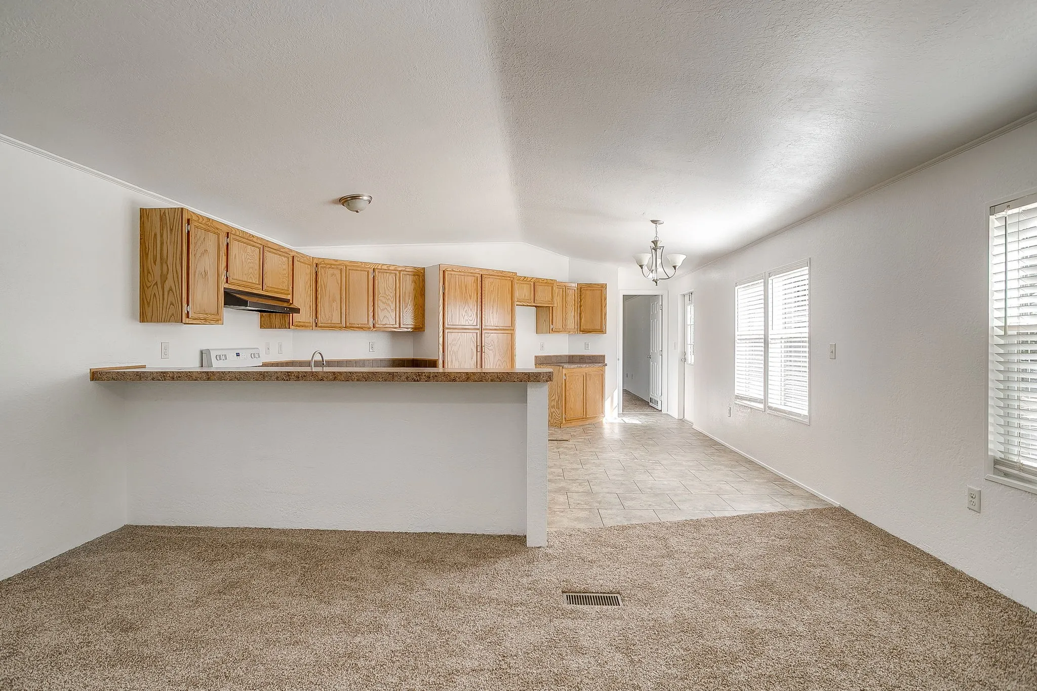 Open-concept living and kitchen area featuring wood-finish cabinetry with integrated appliances, neutral carpeting throughout the main living space, and abundant natural light from multiple windows with plantation shutters
