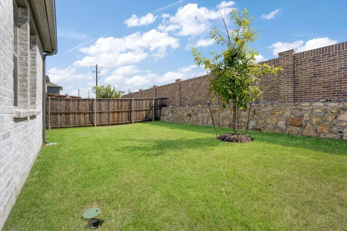 Expansive lawn featuring perimeter fencing, a brick and stone wall, and a newly planted tree