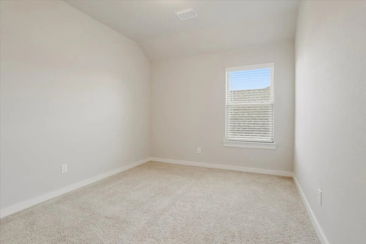 Neutral wall color, window with blinds, and light-toned carpet flooring