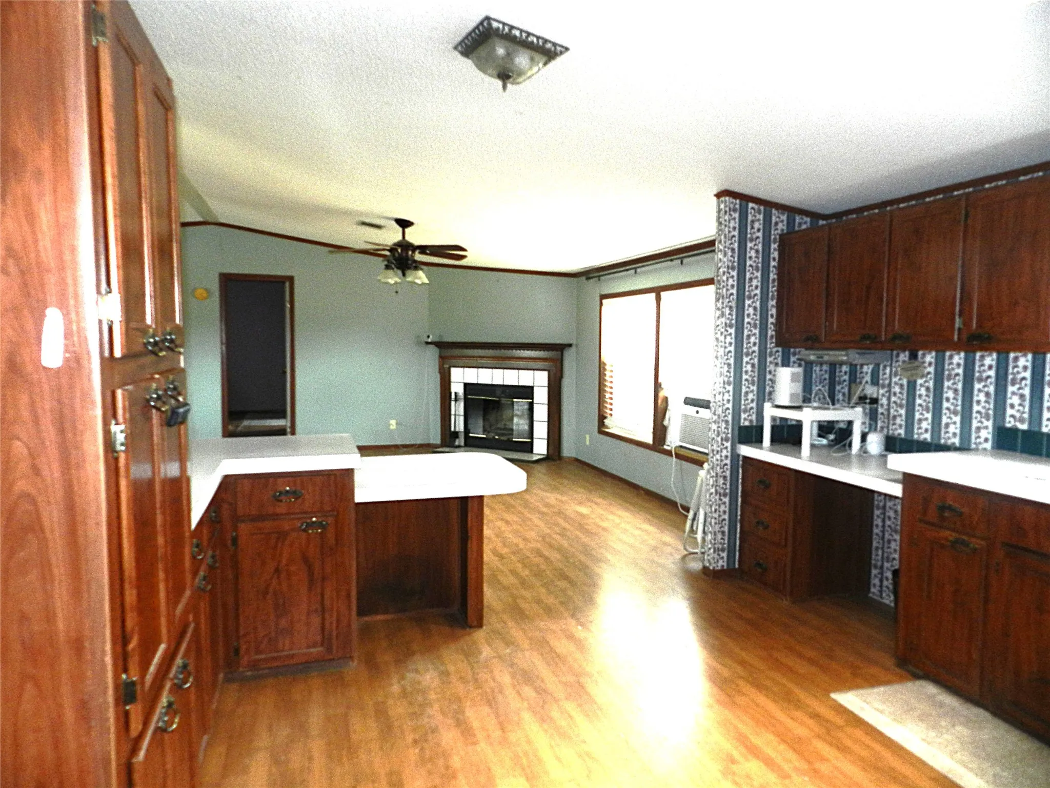 Wood-finish flooring throughout, with a built-in fireplace, and a ceiling fan