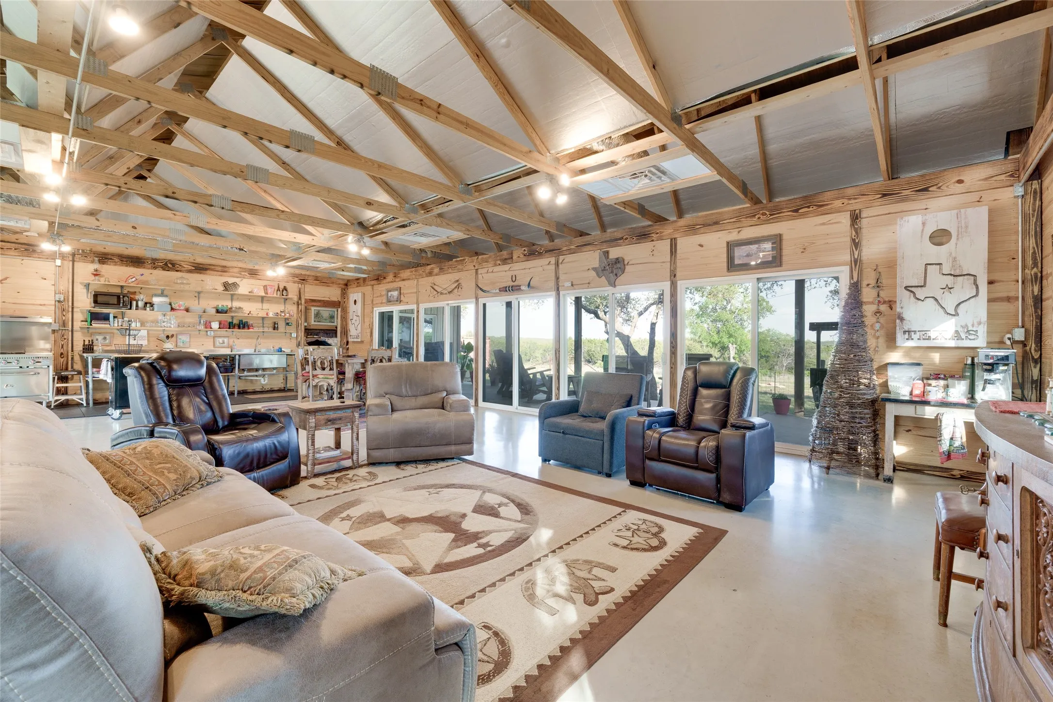 Vaulted wood-beam ceiling, wood-paneled walls, large sliding glass doors, built-in shelving, and concrete flooring