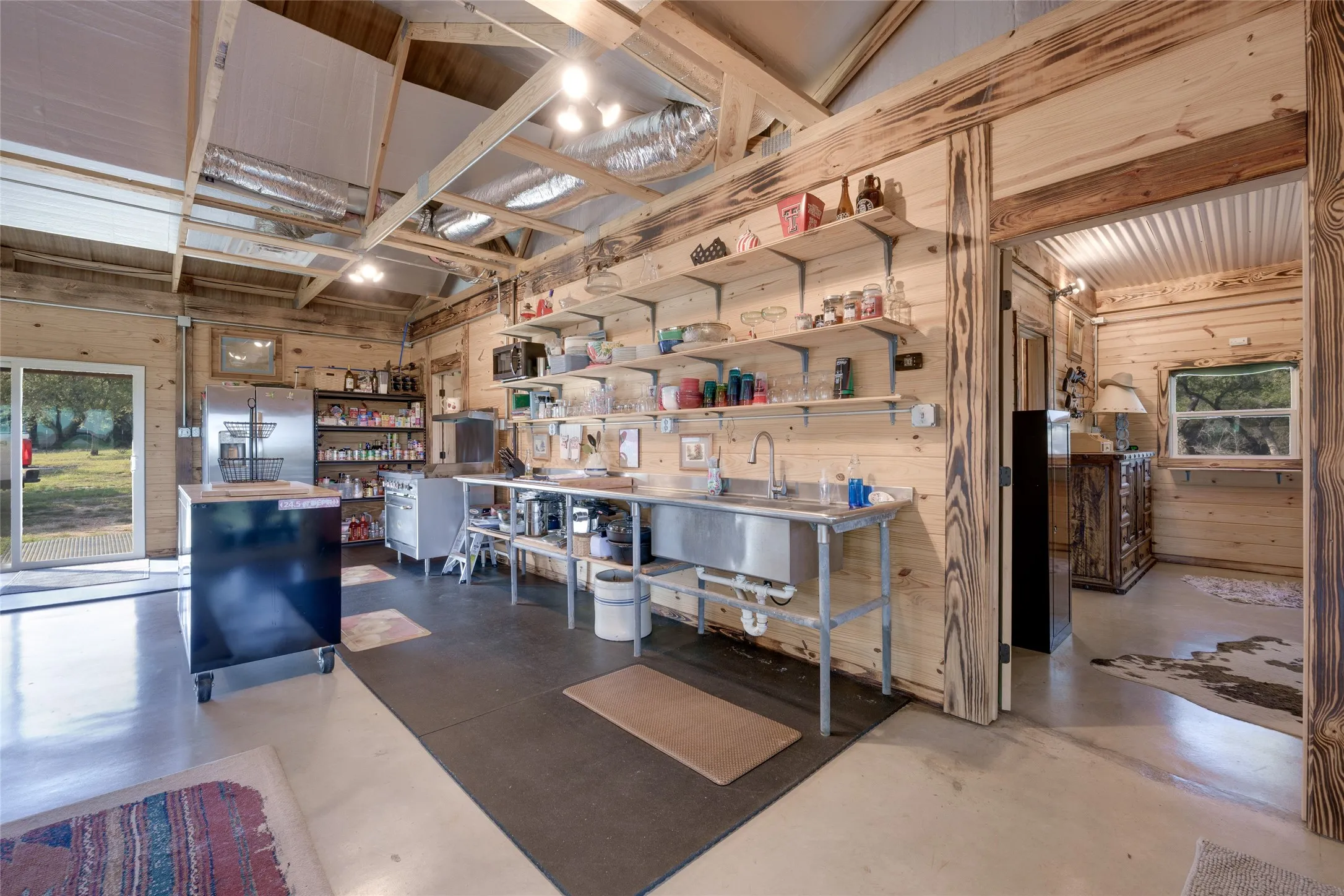 Exposed wooden beams and paneling throughout