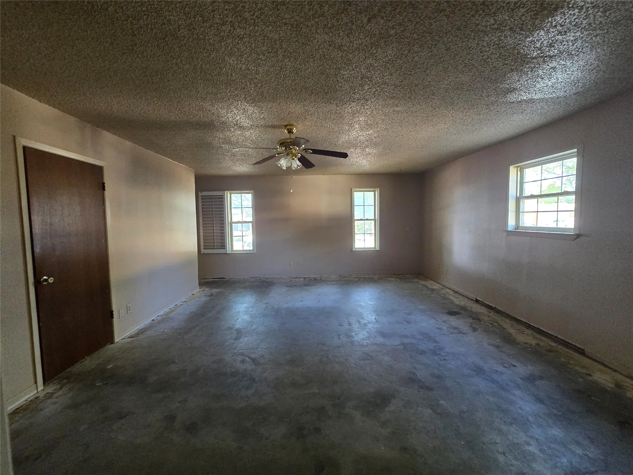 Spacious room with multiple windows, a ceiling fan, and a solid core door