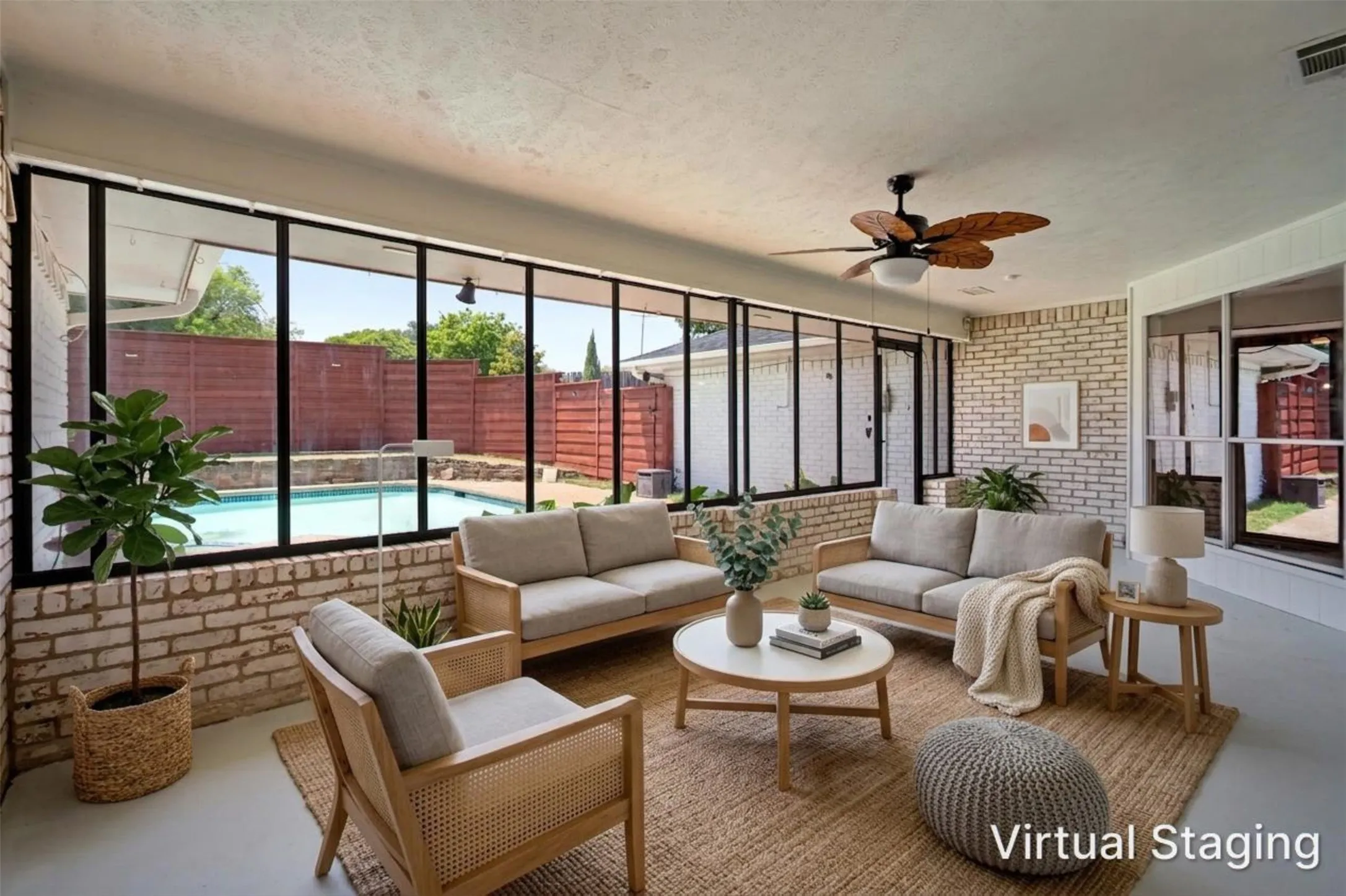 Enclosed patio featuring floor-to-ceiling windows, exposed brick walls, and a ceiling fan