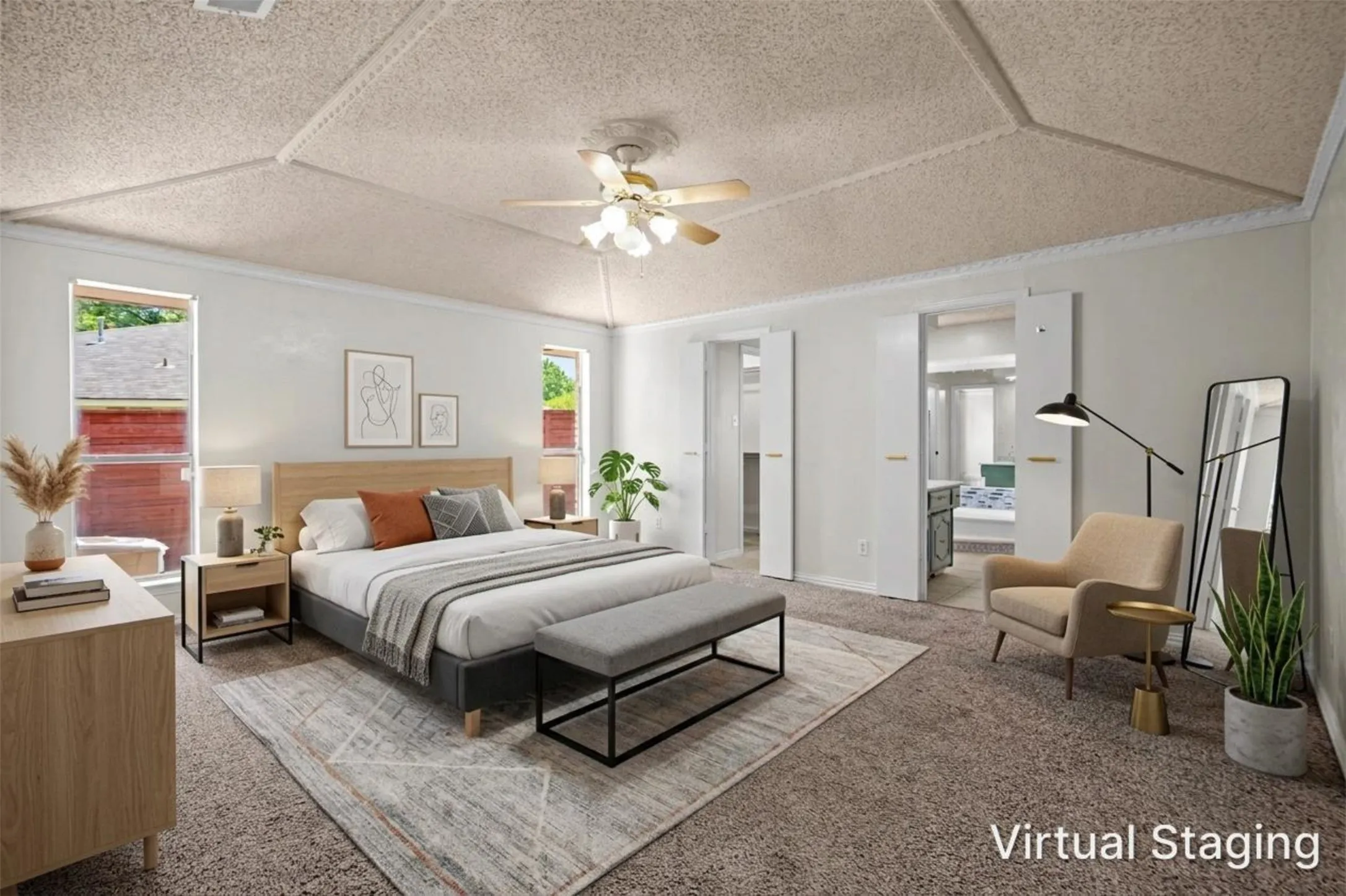 Vaulted ceiling with a ceiling fan, dual windows, and wall-to-wall carpeting