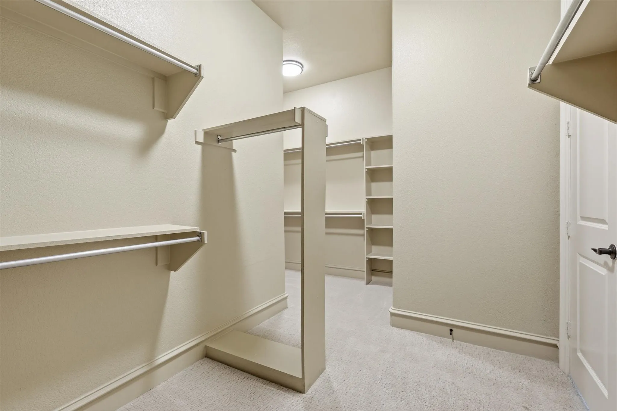 Walk-in closet featuring built-in shelving, multiple hanging rods, and neutral carpet
