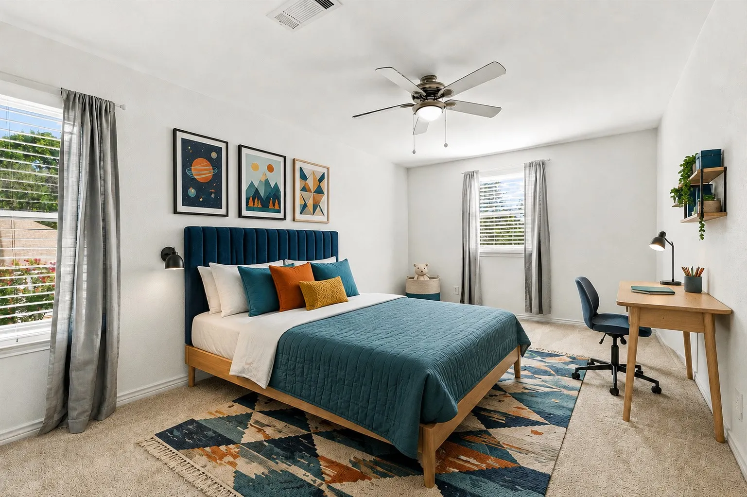 Kids room, two large windows, and a ceiling fan with light fixture