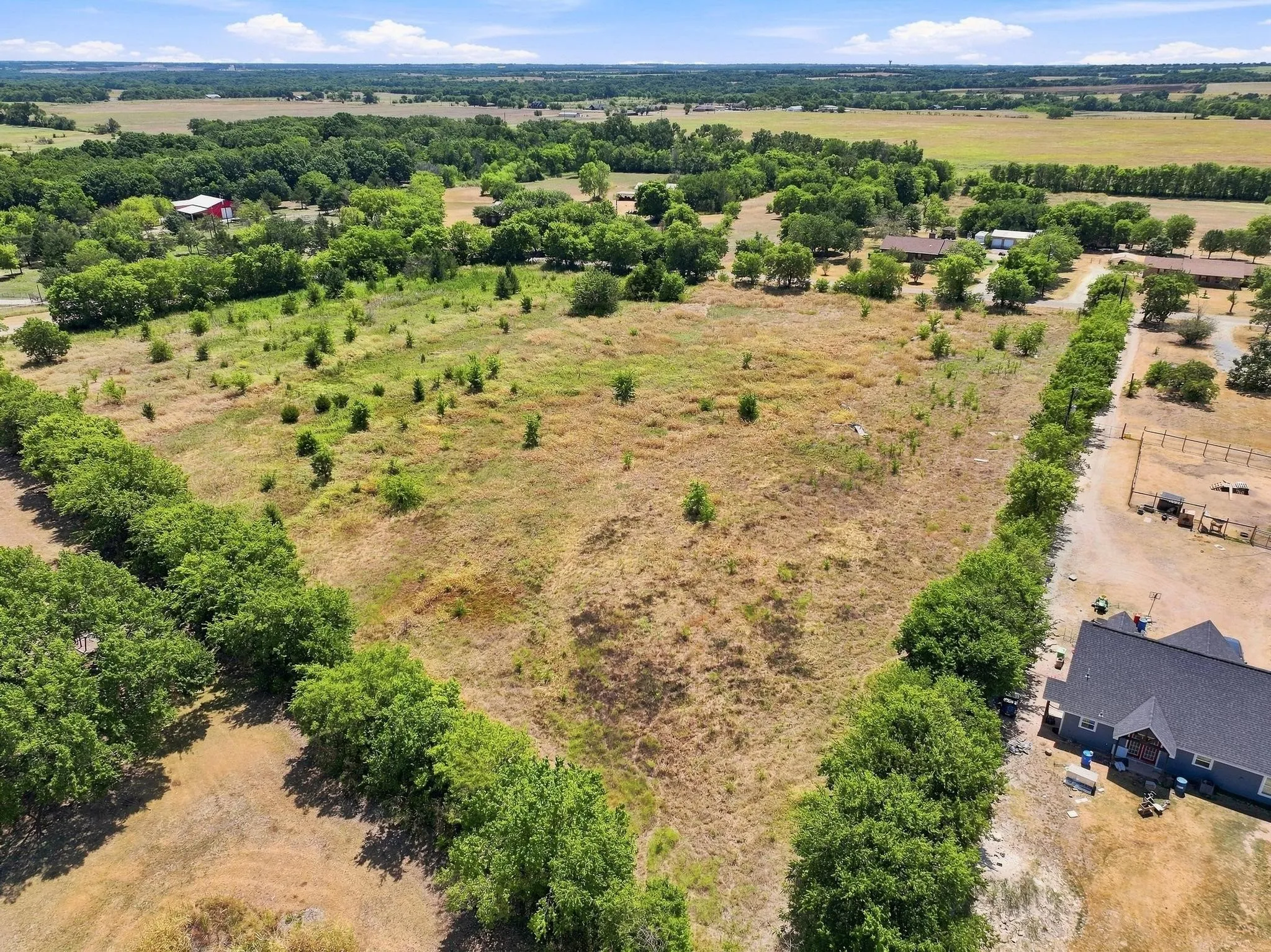 Expansive open land featuring diverse vegetation and surrounding mature trees