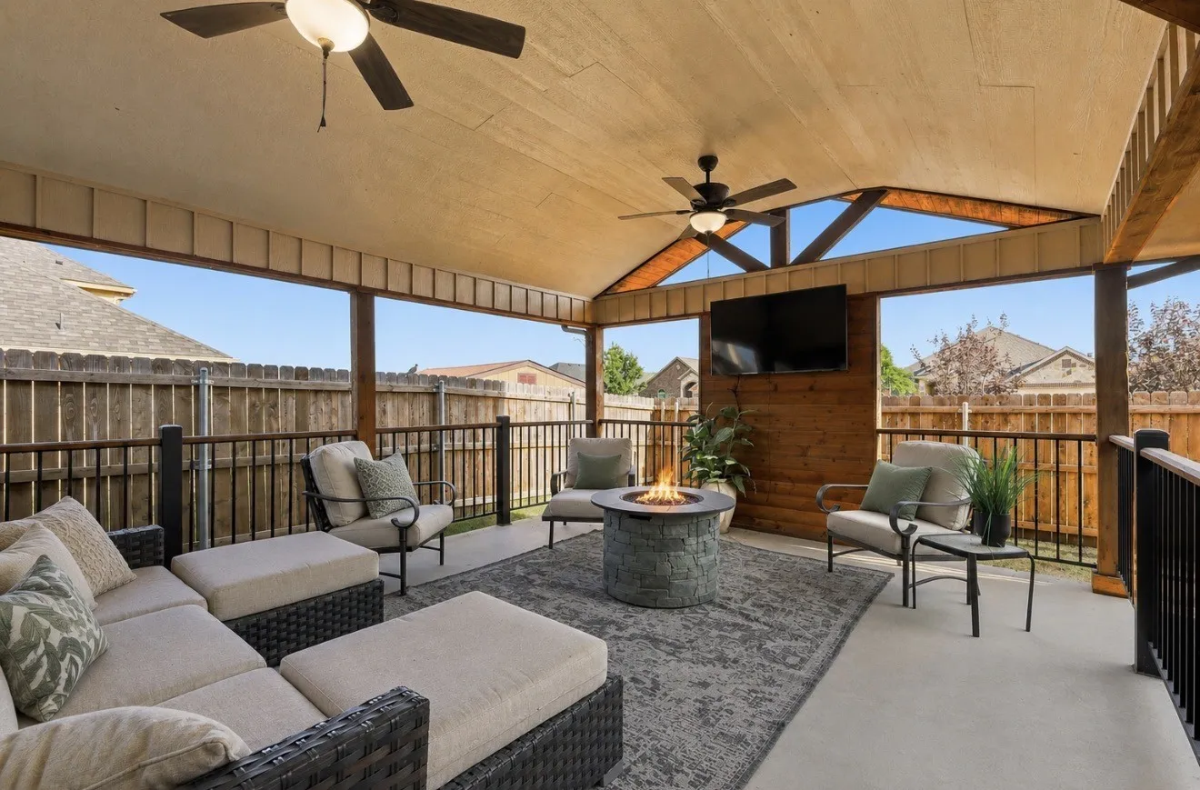Outdoor Covered Patio Virtually Staged with Fire and Pillows