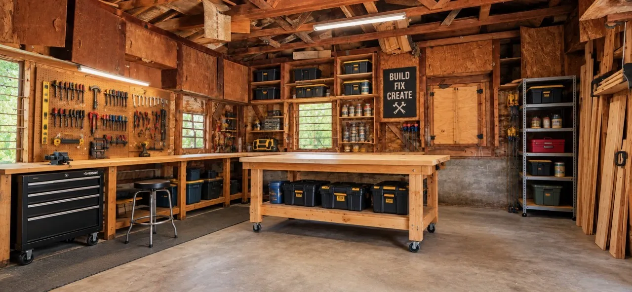 AI Rendering of what the shed in the backyard could become. Well-lit workspace featuring wood-finish walls, exposed wood beam ceiling, and concrete flooring