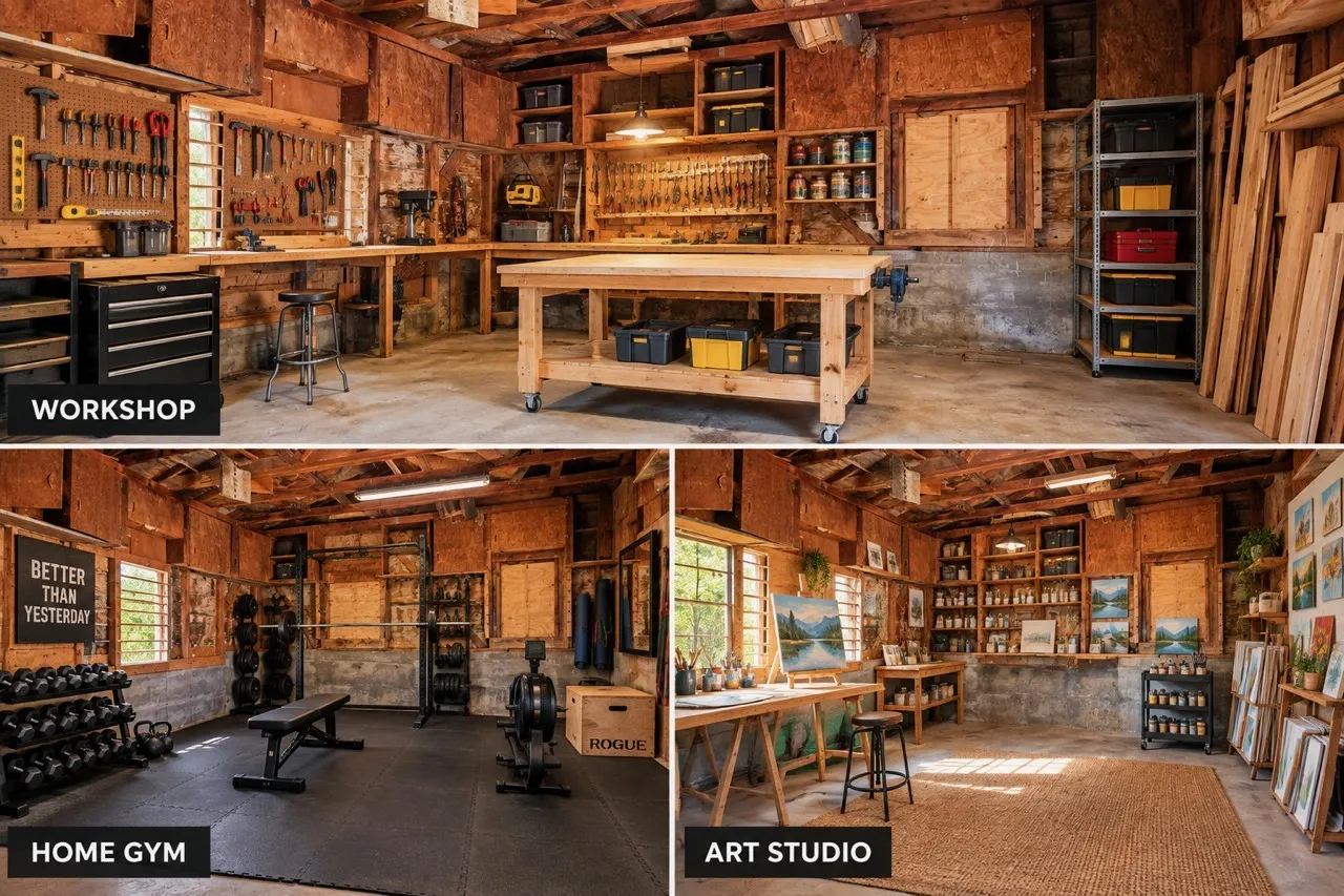 AI rendering of what you could turn the storage shed in the backyard to. Many options. Illustrative images depicting multiple potential uses for a property's garage space