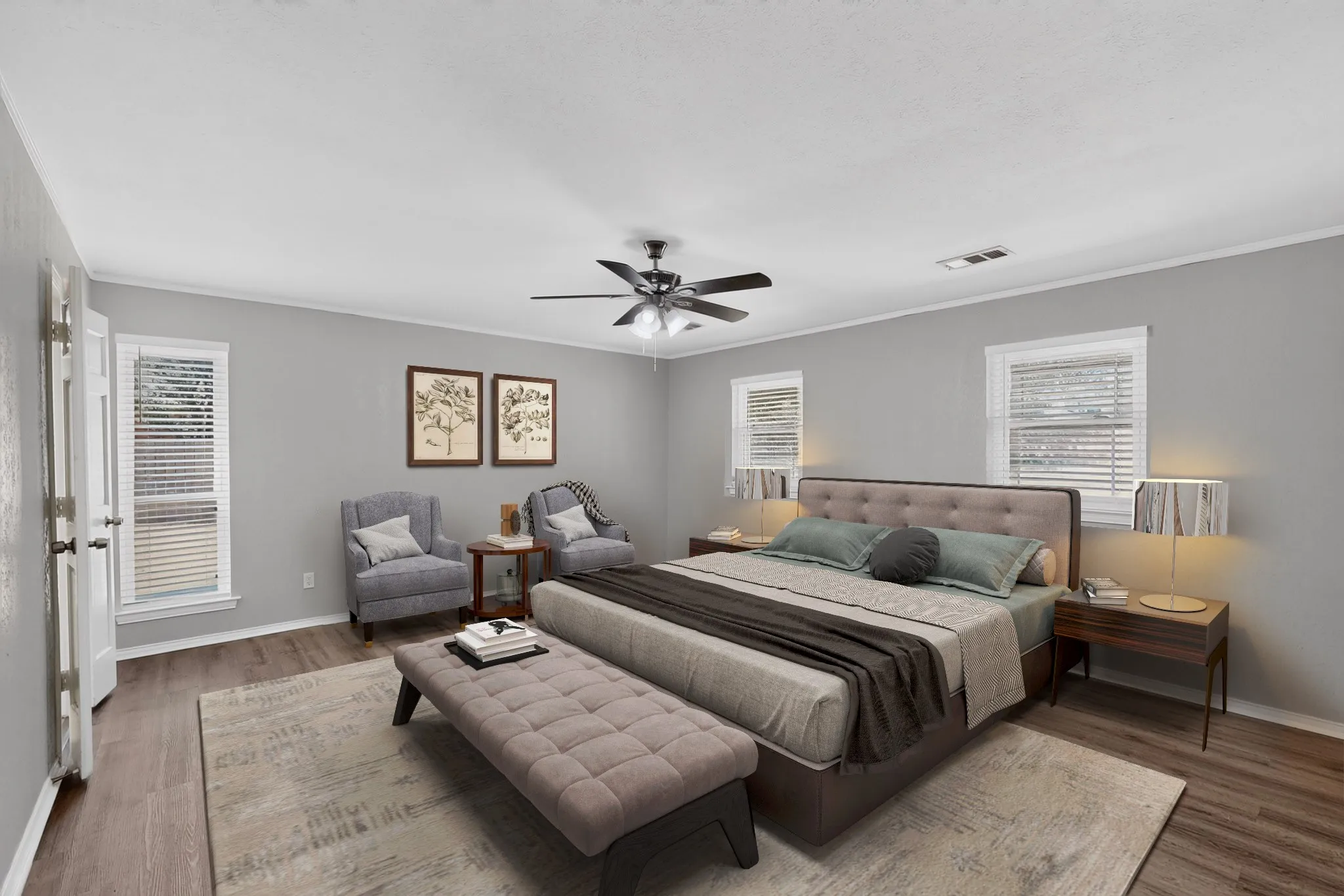 Wood-finish flooring, light gray wall tones, and white trim throughout