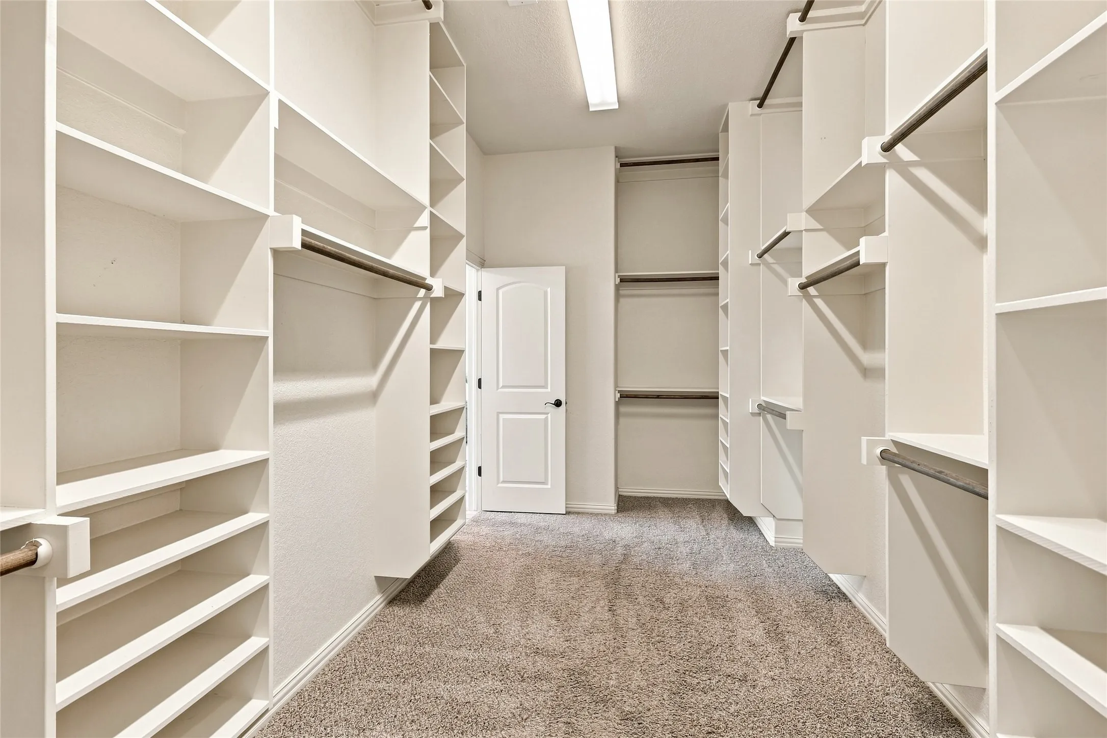 Expansive walk-in closet featuring built-in shelving, multiple hanging rods, and plush carpeting