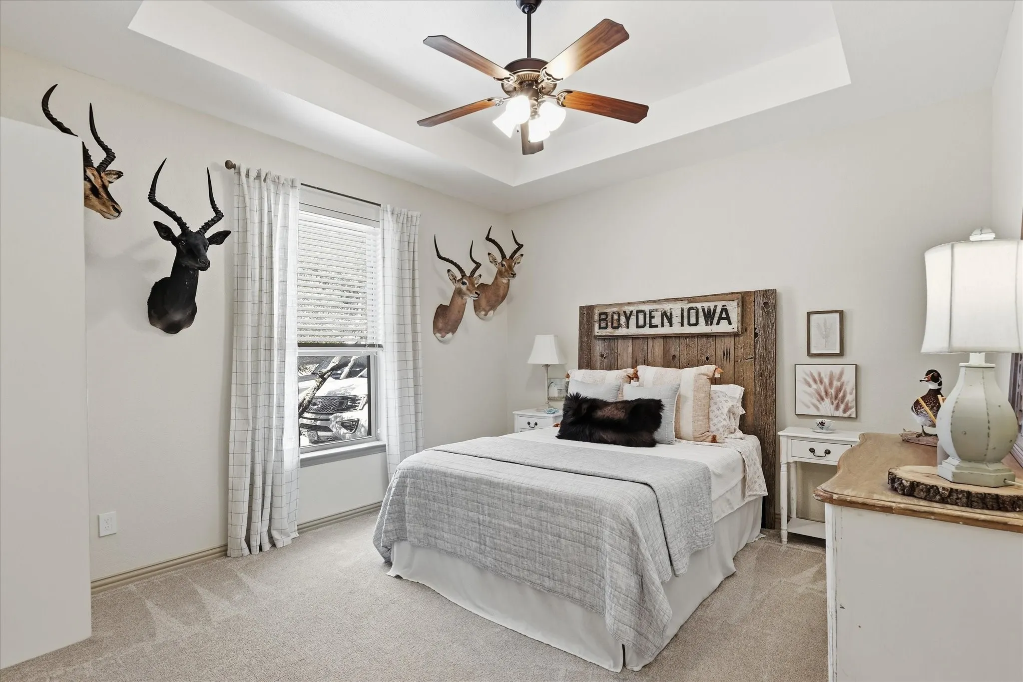 Tray ceiling with a ceiling fan light fixture, carpet flooring, and a single window with blinds