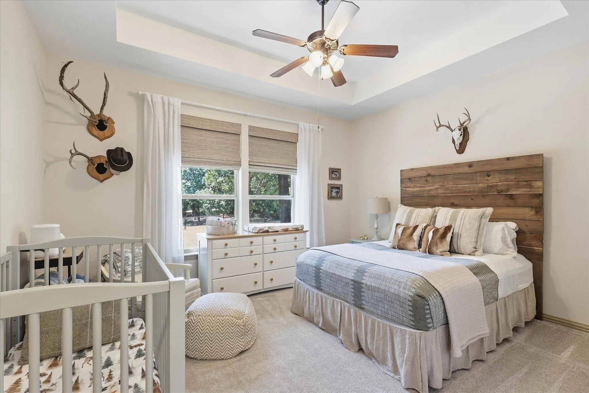 Tray ceiling with a ceiling fan, light-toned walls, double windows, and a wood plank headboard