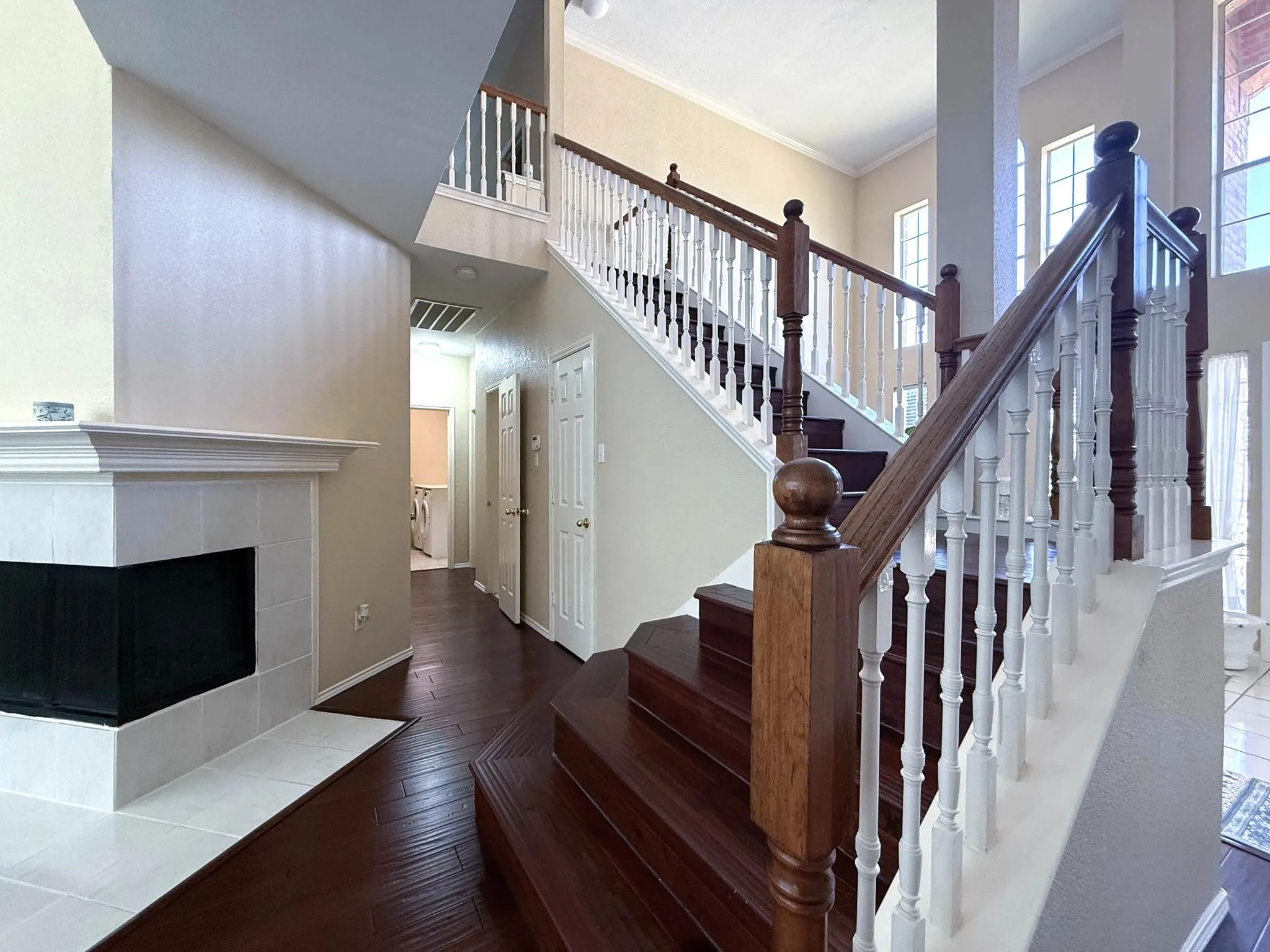 Fireplace and wood stairs