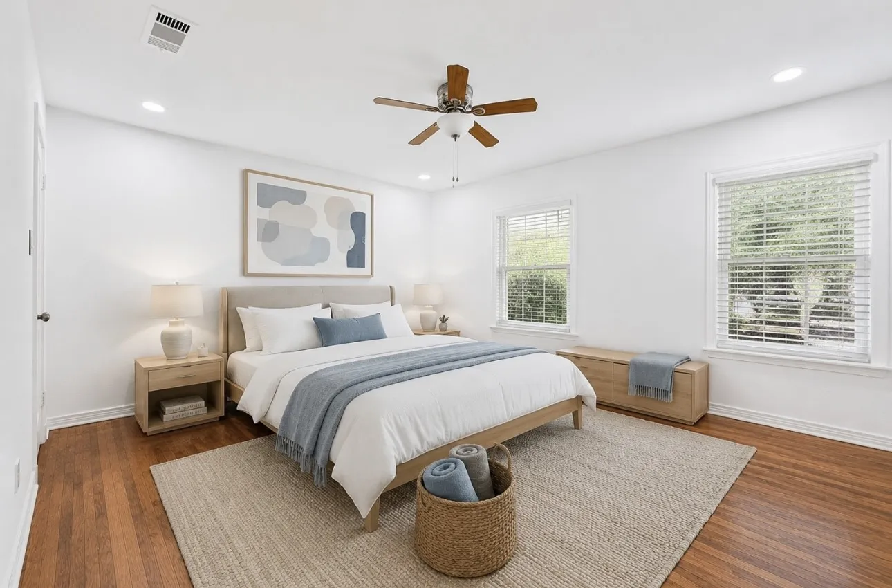 Virtually staged primary bedroom