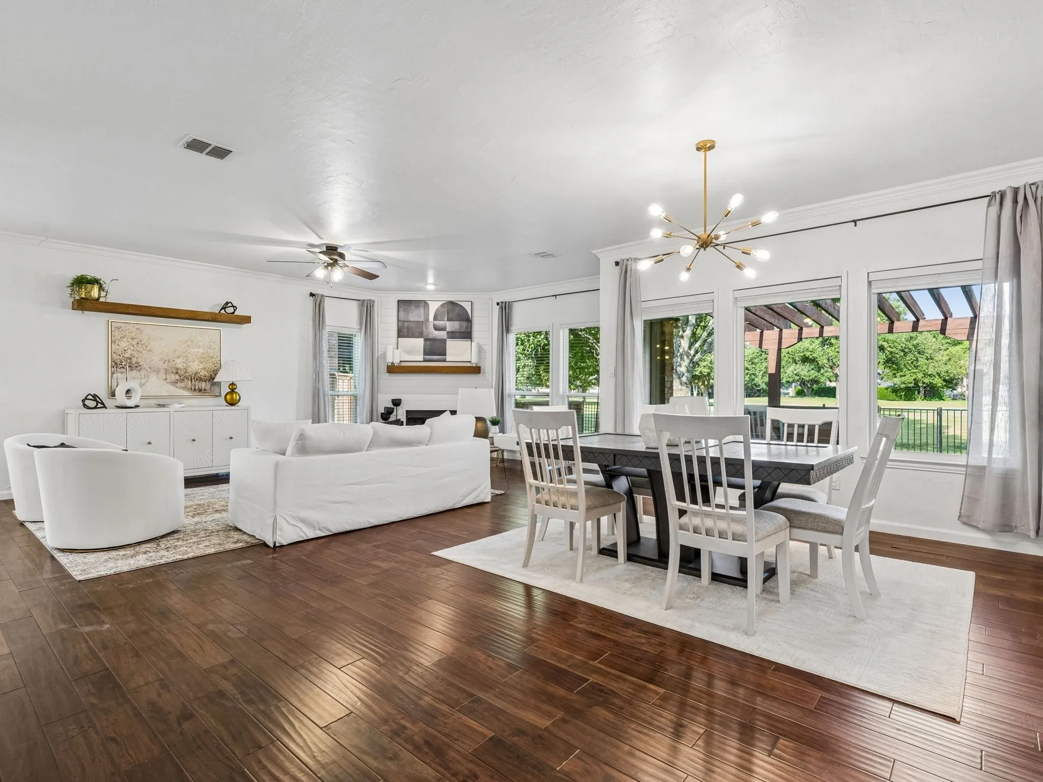 Wood flooring throughout the gathering spaces