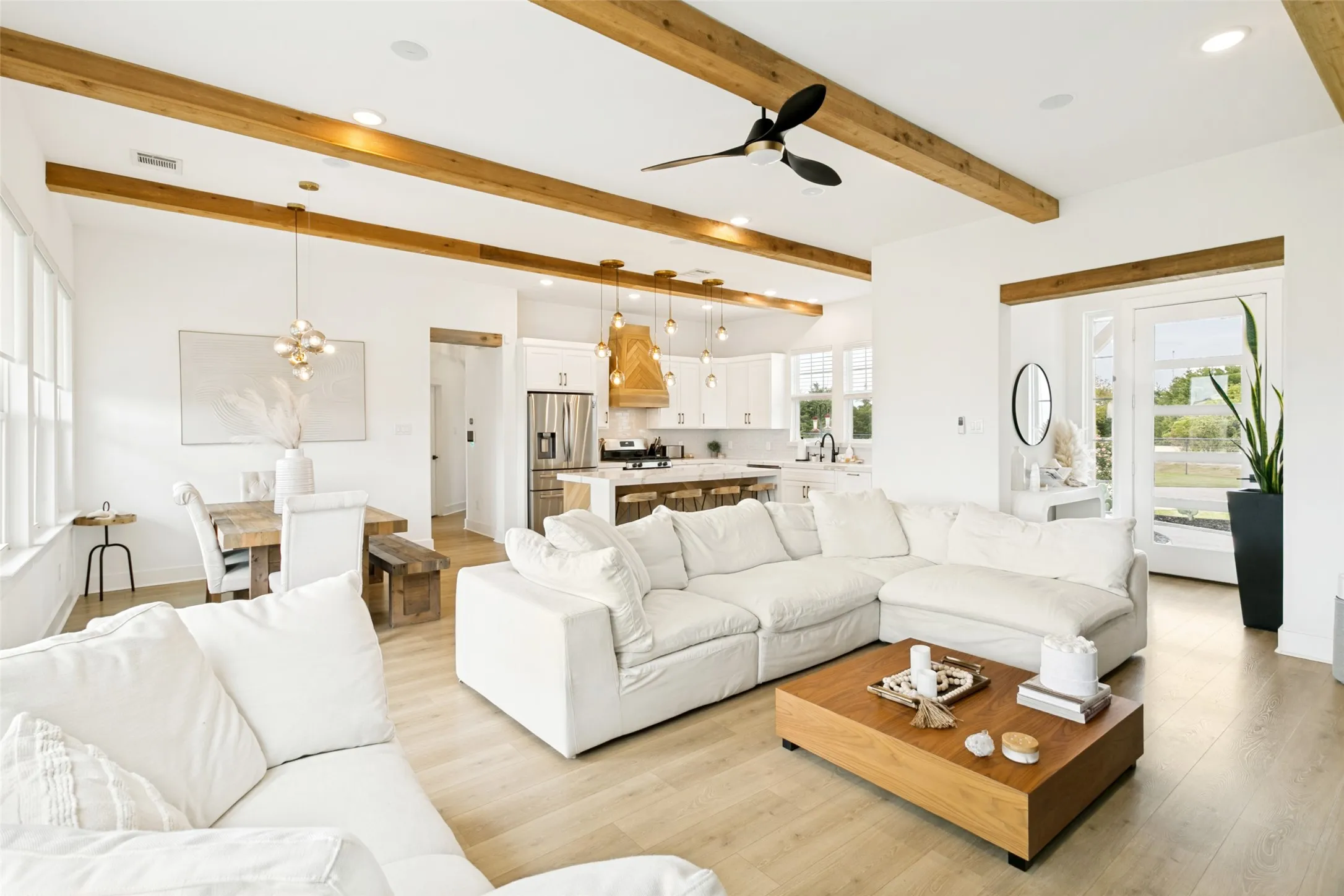 High ceilings with custom beams