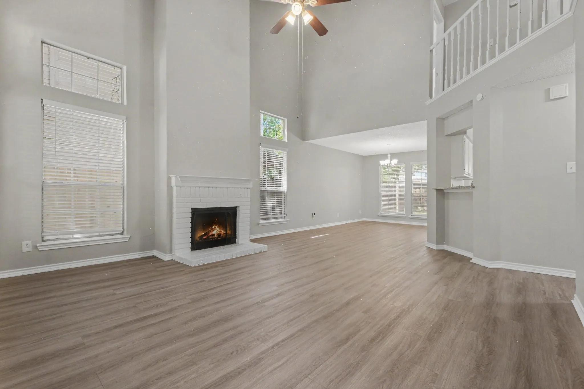 View from front entrance into living room and dining room
