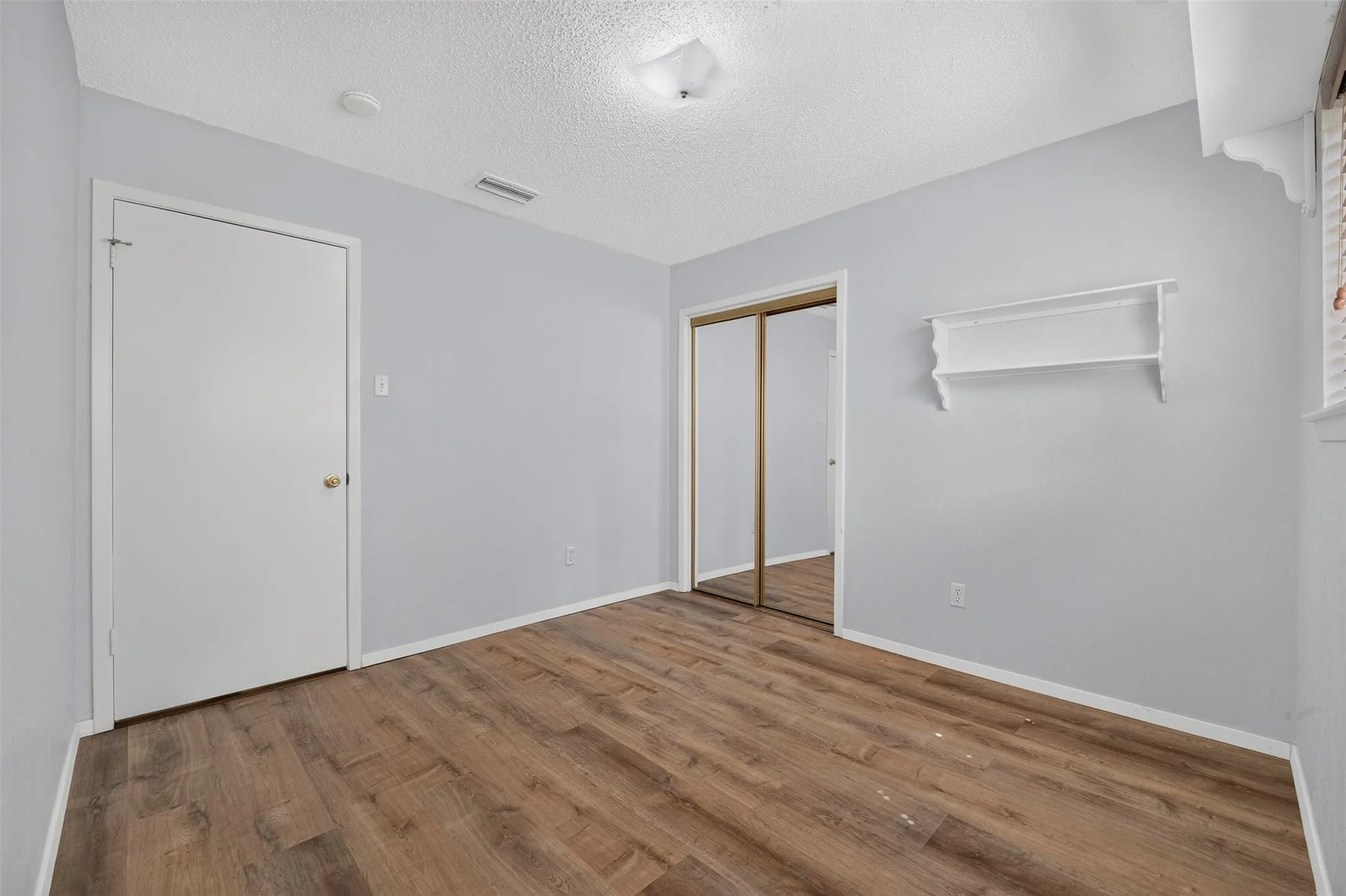 Wood-finish flooring, mirrored closet doors, and light gray wall paint