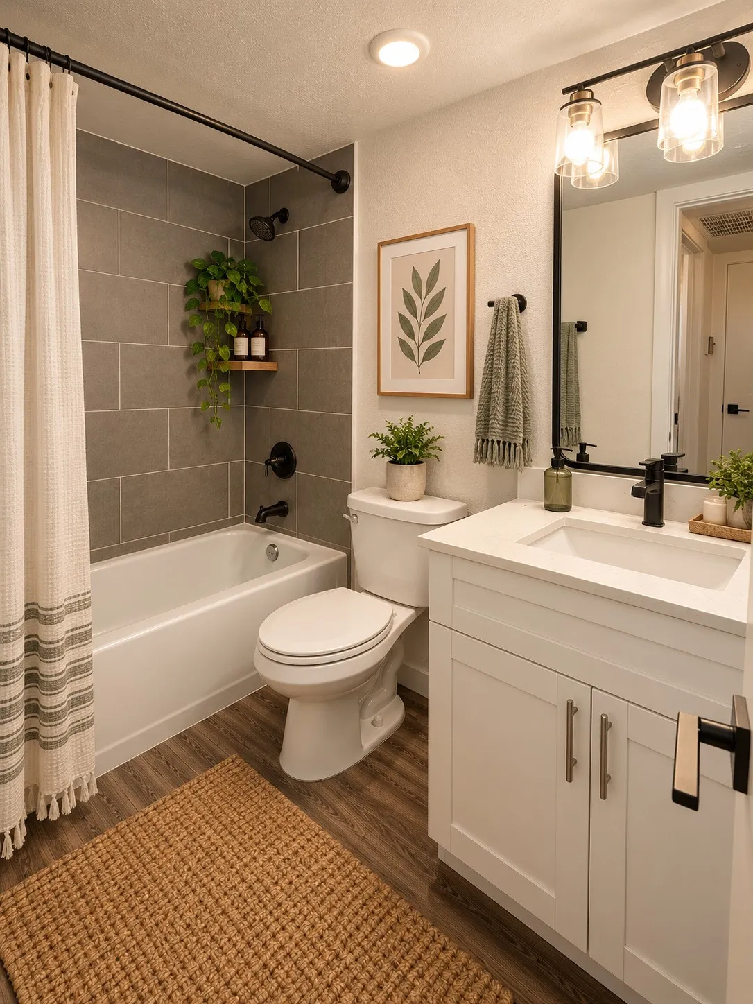 White vanity with a single basin sink, wood-finish flooring, white bathtub, and gray subway tile shower surround