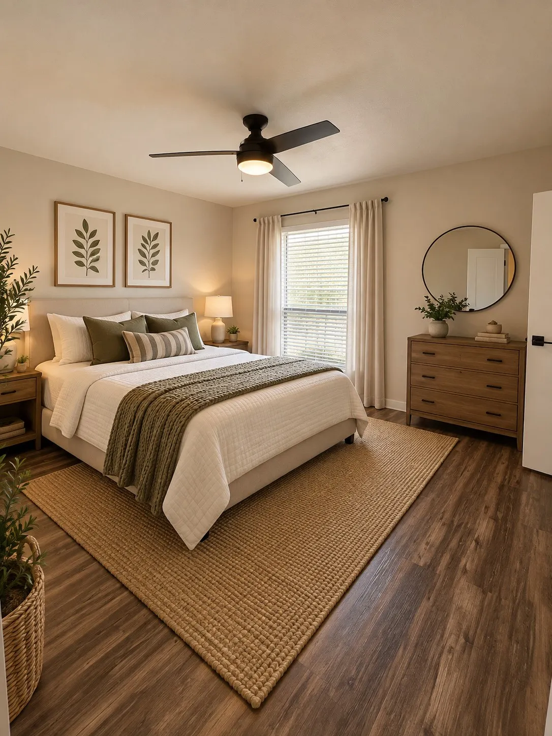 Wood-finish flooring with a ceiling fan