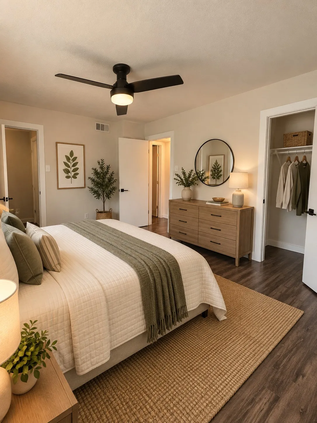 Wood-finish flooring, ceiling fan with integrated lighting, built-in closet with shelving, white interior doors, and neutral wall tones