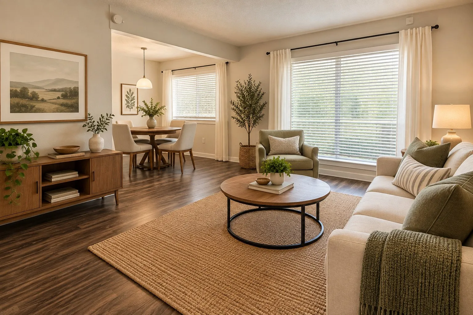 Spacious living area featuring wood-finish flooring, a large window with blinds, and an open concept dining area with a modern pendant light