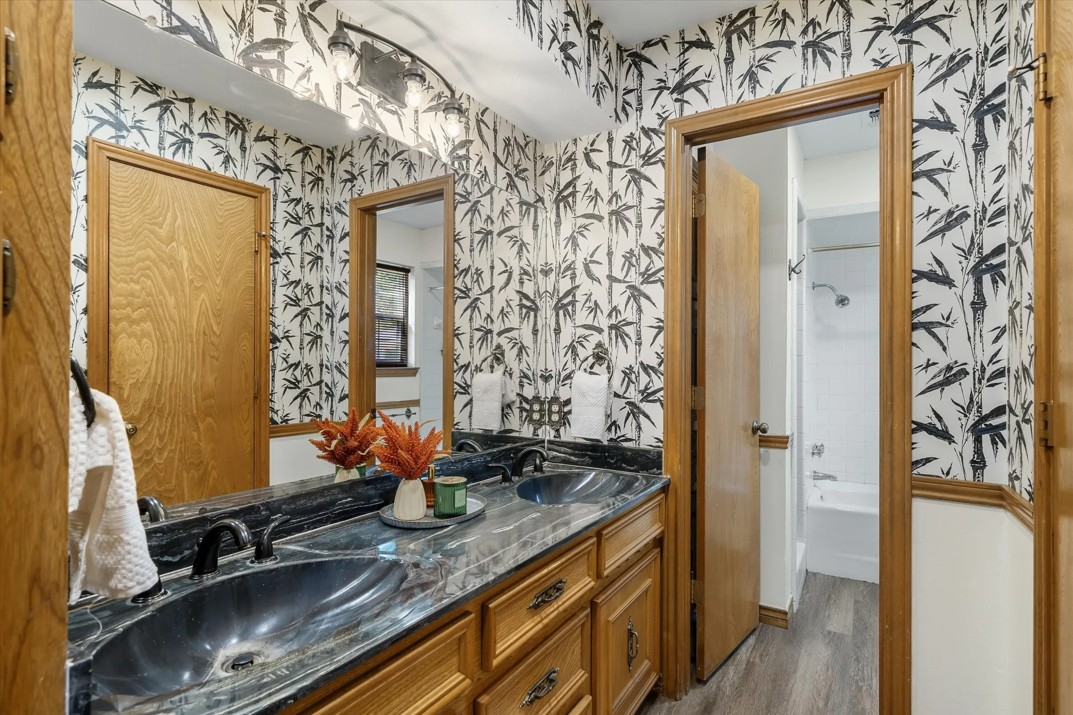 Primary bath vanity area with double sinks