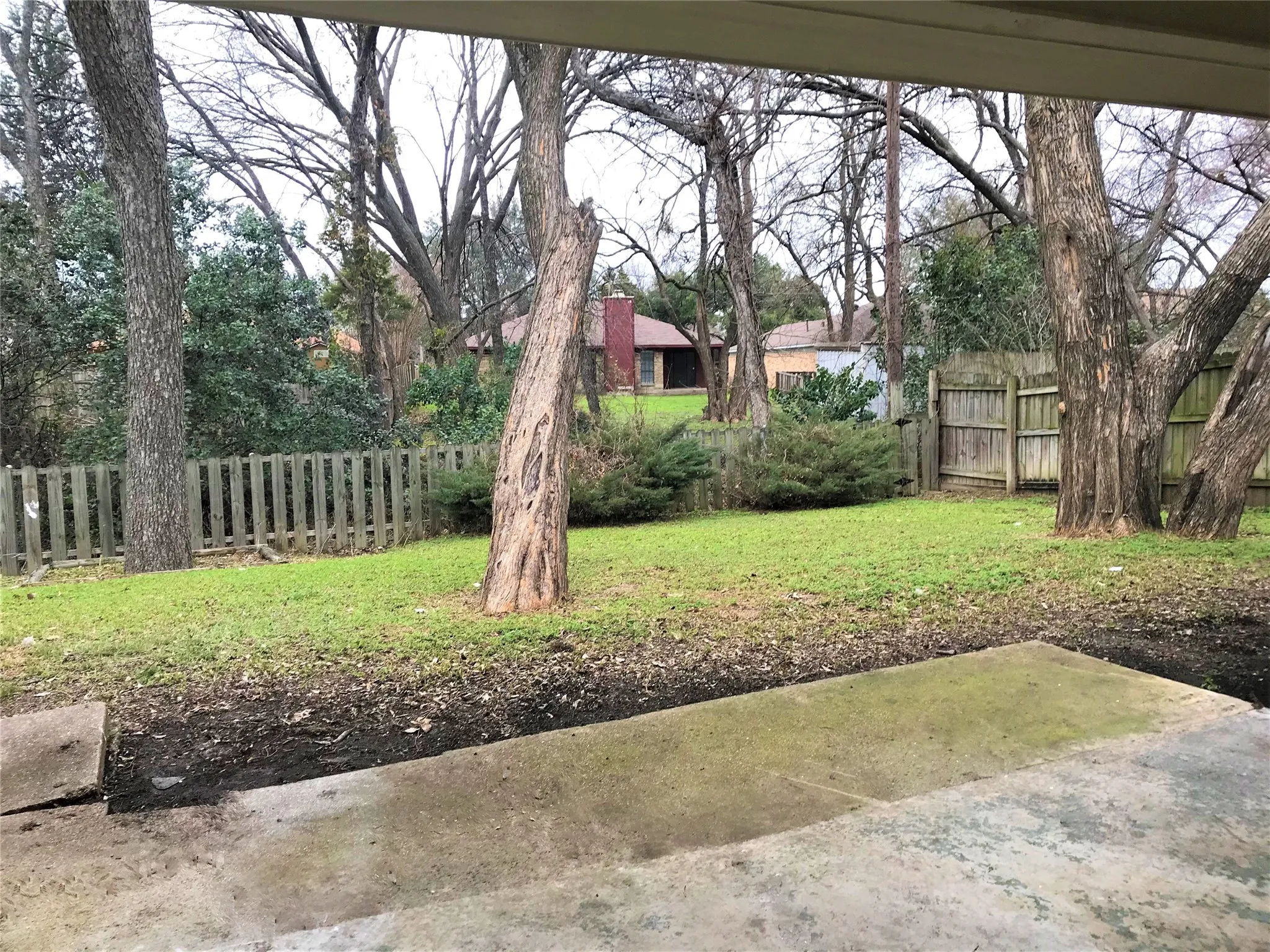 Covered patio with a great view of the creek