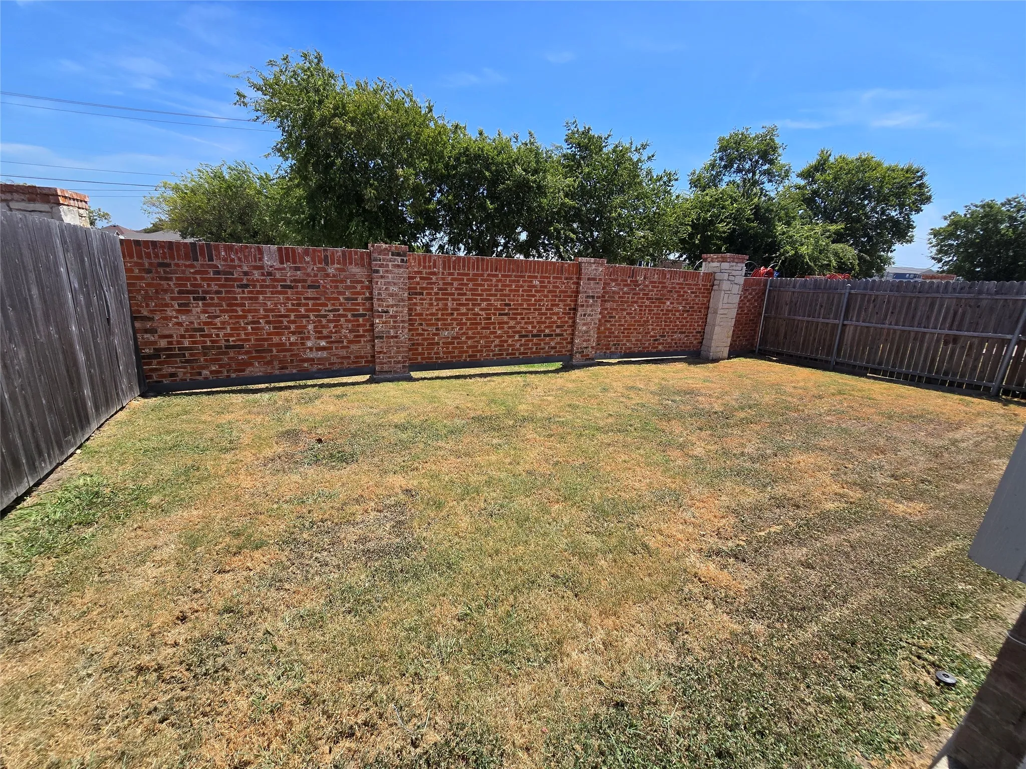 Grassy backyard with brick and wood fences. No back neighbors!